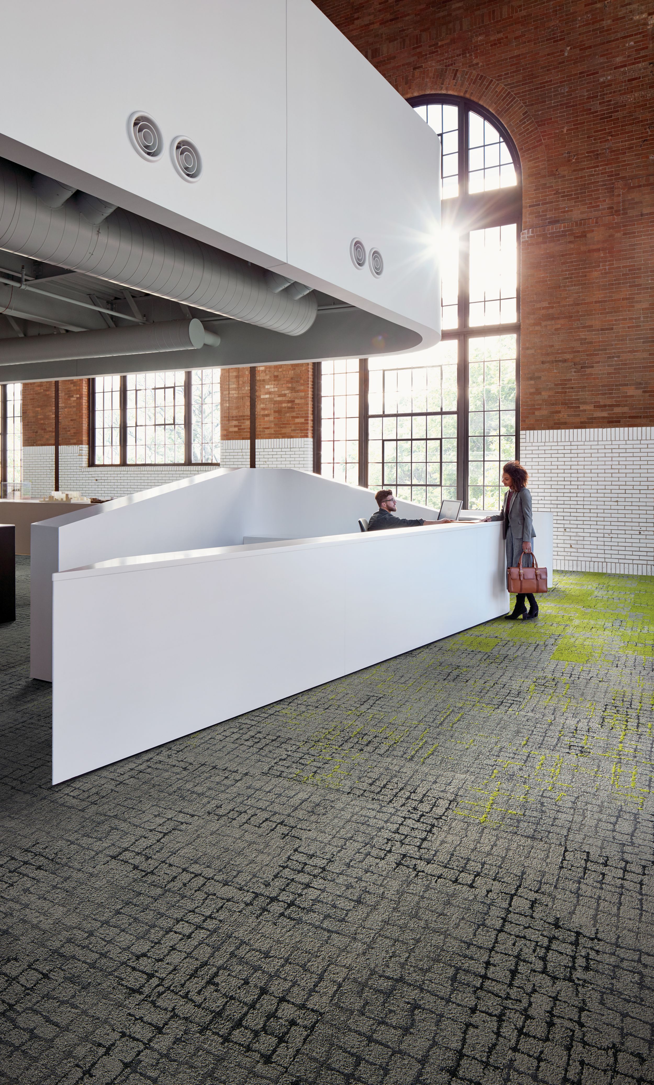 Interface Sett in Stone, Moss in Stone and Flint Edge carpet tile in lobby setting image number 1